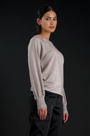 Monari női felső, lurex, raglán, ujján strasszos, mandzsettás