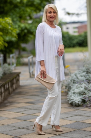 Olga Santoni női kardigán, hosszított, A-vonalú, tölcsérujjú, elöl kapcsos