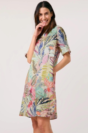 Gerry Weber női ruha, len, zsebes, rövidujjú, spicces nyakú