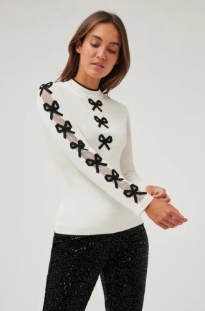 Leo & Ugo női pulóver, ujja masnis-tüllbetétes, kereknyakú